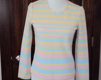 1970s Womens 100% Textured Double Knit Long Sleeve Jack Winter Striped Shirt/Top Size S/Pastel Shirt/Blue/Green/Yellow/Pink Free Us Shipping