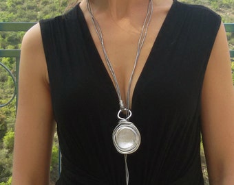 Silver lariat necklace, long statement necklace, leather necklace, pendant necklace, gift for her, any occasion necklace, wrapped stone.