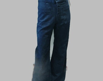 1970s swabby jeans / denim sailor pants / zip front 4 pocket wide leg pants /high waist / 28 reg / frayed hem / authentic sailor pants