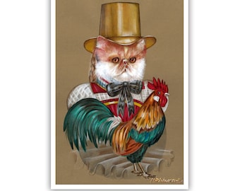 Cat of Black Forest V - Cat Art Print - Cat Paintings - Roosters - Funny Pet Portraits by Maria Pishvanova