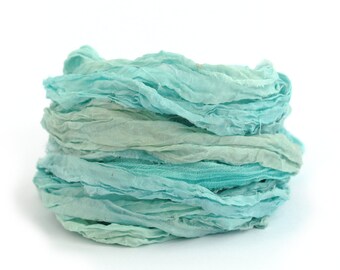 Recycled chiffon silk ribbon 10metres handdyed Seafoam, pale blue aqua, Perran Yarns textile arts mixed media