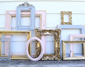 Set of 10 Gold, Gray, Blush Pink Open Frames - Pink Grey Gold - Nursery Frames - Wedding Frames - Ornate, Oval, Frames - French Country