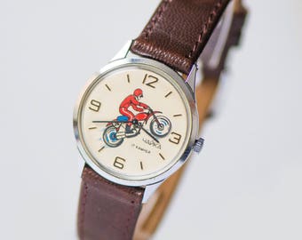 Rider watch vintage, unisex motorcyclist watch, Soviet teen watch fun, sport lover watch, boyfriends watch gift, new genuine leather strap