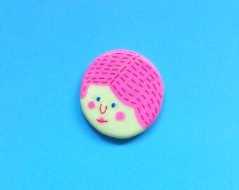 Tillie - Polymer clay brooch, cute doodle art pin, lady brooch, polymer clay jewellery, pin illustration, hand drawn, blue yellow and pink