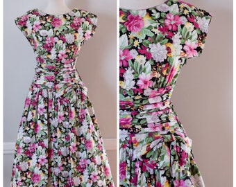 80s Dress / 80s Vintage Dress / Vintage Dress / Cotton Dress / Floral Dress / Party Dress / Drop Waist Dress / Midi / Open Back / Small