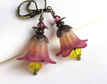 Ombre Lucite Flower Earrings, Swarovski Crystals, Antique Brass Leverback Earwires, Hand Dyed Floral Jewelry