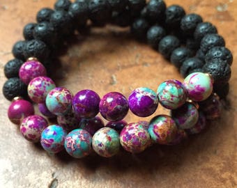 Lava Bead + Purple with Teal Jasper | Essential Oil Diffuser | Spiritual Junkies | Yoga + Meditation | Stackable Mala Bracelet