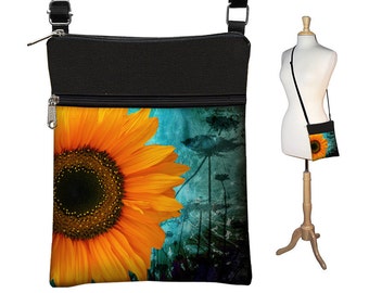 Small Cross Body Purse, Hipster Crossbody Bag, Sling Shoulder Bag, eReader case cover, Rustic Sunflower Floral, blue, yellow, black RTS