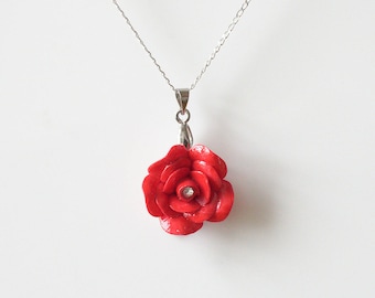 Porcelain Red Rose pendant with sterling silver necklace/ Rose Necklace/ Rose Pendant/ Rose/ Flower Necklace/ Flower Pendant/ Red Rose