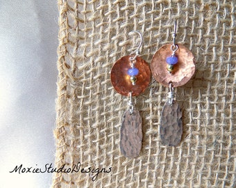 Mixed Metal Earrings, Mixed Metal Jewelry, Copper and Silver Earrings, Artisan Earrings, Jade Earrings, Hammered copper earrings