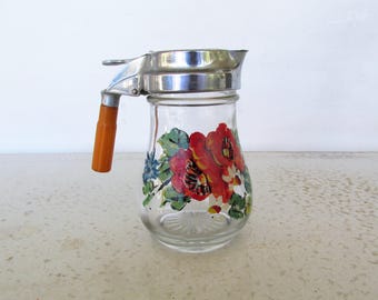 Small Cream or Syrup Pitcher Bakelite Handle Glass with Floral Design