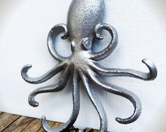 Silver Octopus Wall Organizer / Nautical Entryway Storage Hook / Animal Key Jewelry Hanger / Rustic Kitchen Towel Hook / New Home Gift