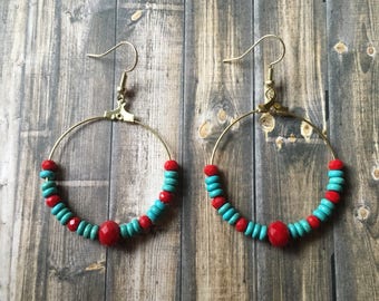 Red and turquoise beaded hoop earrings