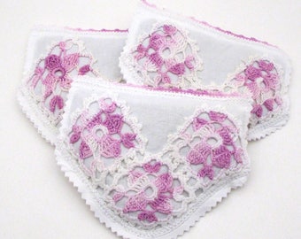3 Dried Lavender Sachets - Purple Crochet - Vintage Linens - drawer sachet - vintage crochet - sachet set