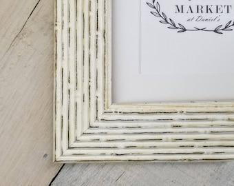 Cane Distressed Cream Wood Picture Frame with White Mat 8x10, 9x12, 11x14, 14x16, 16x20, 18x24 Standard and custom sizes available.