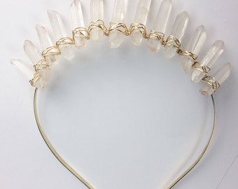 Frosted Princess Quartz Crown, frosted quartz crown, gold crystal crown, quartz crown, crystal headpiece, mermaid crown