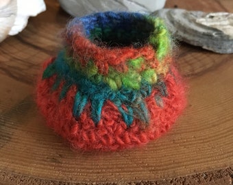 Little Crocheted & Felted Treasure Bowl - Orange and Multi-Colors