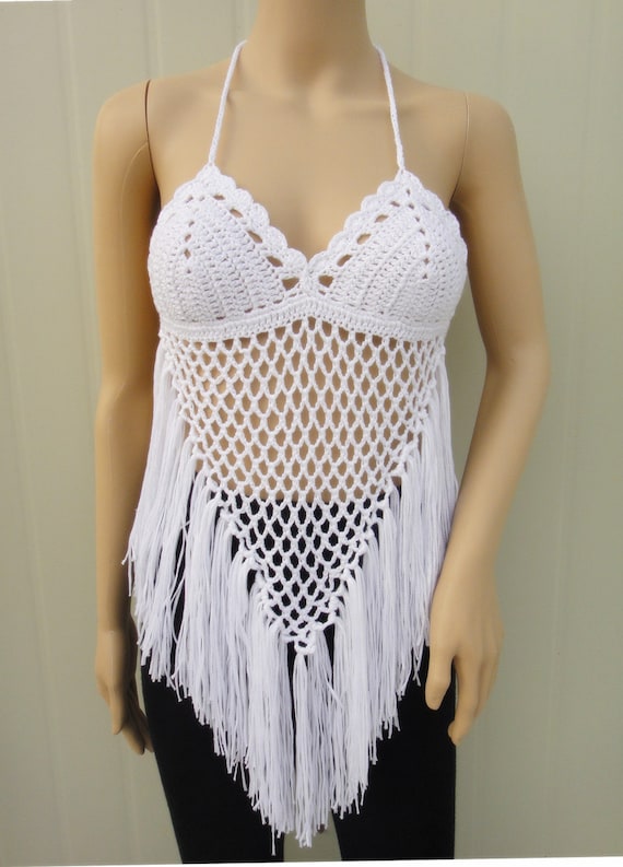 White Fringe Crochet Bikini Halter Crop Top