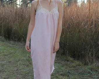 DAWN Night Gown Vintage 1970's Dress Maxi Nightie Pale Pink Intimates Lace Trim