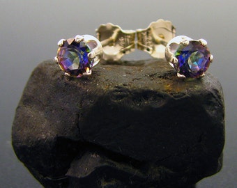 mystic topaz earrings, Blue mystic topaz stud earrings, genuine blue mystic topaz stud, rainbow topaz earrings 4 mm