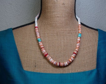 Natural Orange Spiny Oyster Shell,AAA Red Coral,Turquoise, 925 Silver Necklace
