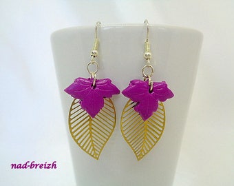 Earrings Fimo polymer clay "Small leaves of maple leaf gold print" Purple - handmade