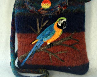 Felted Purse, Felted Handbag, Parrot Art, Needle Felt Parrot, Bird Art