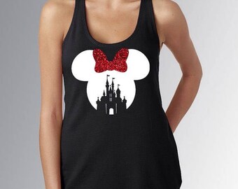 Disney minnie castle tanktop glitter customized women tank - tshirt - vneck for adults and youth - toddlers - real glitter washable