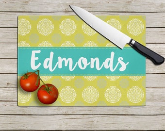 Teal & Chartreuse Last Name Stitched Banner- Tempered Glass Cutting Board