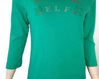 Elf Christmas Bling Shirt. Rhinestone Embellished Green Long Sleeve Tee shirt. Sizes S-L