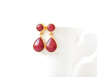 Cherry Red Jade Double Stone Stud Earrings