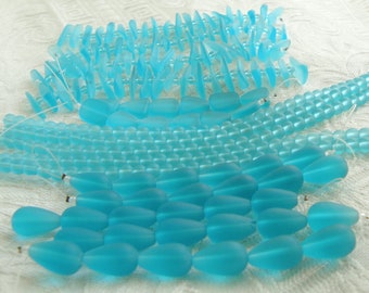 Aqua Blue Faux Sea Glass LOT, Fishbone Beads, 4mm Round, 6mm Round, Teardop & Freestyle, 16 Strands Total
