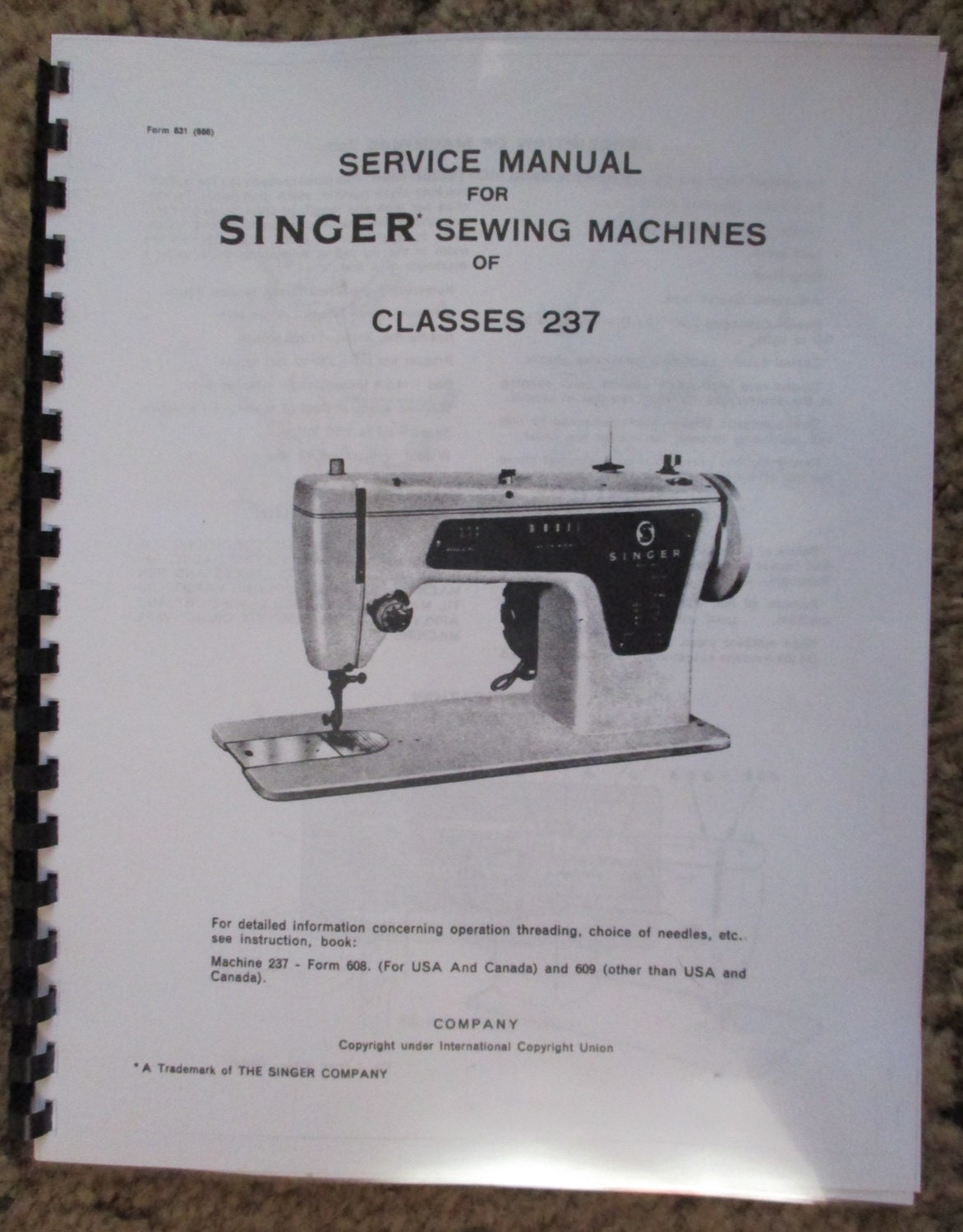 Singer 237 Sewing Machine Service Repair Adjusters Manual Book