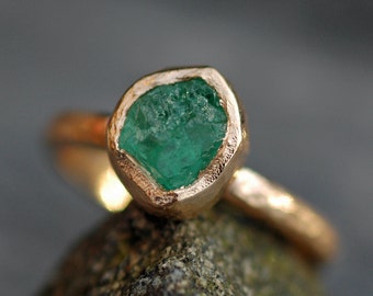 Raw Colombian Emerald on Recycled 14k or 18k Yellow, Rose, or White Gold Ring- Hammered Band- Made to Order