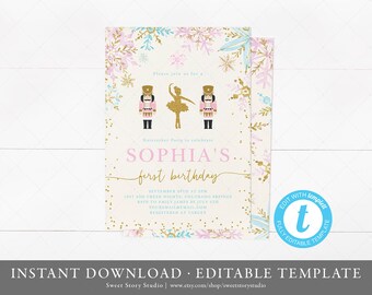 Winter Nutcracker Birthday Invitation Card | Instant Download, Editable, Printable | Ballerina Birthday, Silver Glitter | DC001