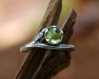 Peridot gemstone twig ring-rose cut-natural branch-sterling silver handmade-August Birthstone-made to order.