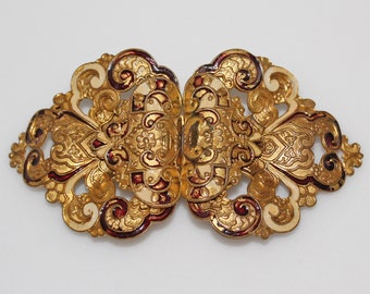 Victorian Enameled Belt Buckle Fancy Scroll Design Red Gold Beige