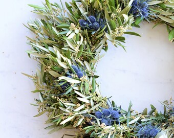 Blue Thistle and Olive Wreath | Spring Wreath | Wreath for Front Door | Front Door Wreath | Handcrafted Wreaths | Gifts for Mother's Day
