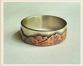 Mountain Range Wedding Band - Sterling and Copper-Custom made - Single Band - Rustic - Nature Lover - Comfort fit - 8 or 9 mm wide