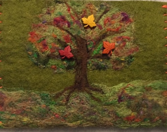 Needle felted autumn tree clutch