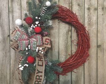 Merry Christmas wreath for front door, Christmas wreaths for front door, Xmas wreath for front door, Red grapevine Xmas wreath