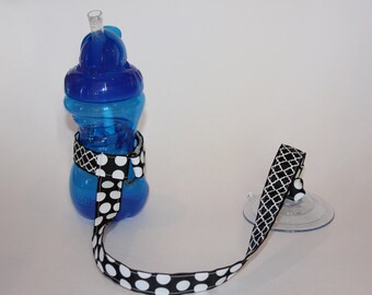 Sippy Cup Leash | Sippy Strap | Sippy Cup Strap Suction Cup | Sippy Cup Strap | Suction Sippy Strap | Black and White Dots/Quatrafoil