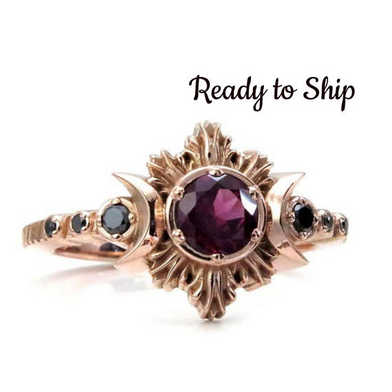 Ready to Ship Size 6 - 8 Rhodolite Garnet Moon Fire Gothic Engagement Ring with Black Diamonds - 14k Rose Gold