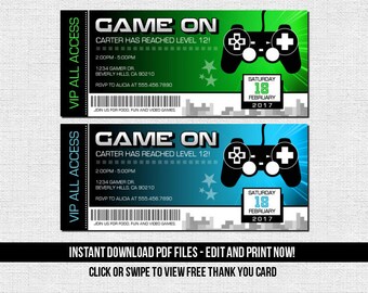 Video Game Ticket Invitations Birthday Party - (Instant Download) Editable and Printable PDF Files - Bonus Thank You Card - Gamer Arcade