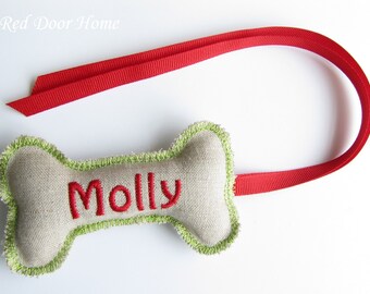 Dog Personalized Christmas Stocking Tag Embroidered Label Gift Name Monogram Ornament Green and Red