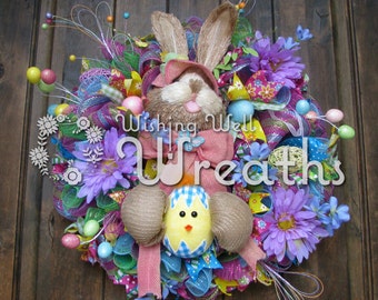 Deco Mesh Easter Bunny Wreath, Bright Spring Colors Wreath, Bunny Rabbit Wreath, Elegant Easter Rabbit Wreath, Easter Decor for Front Door