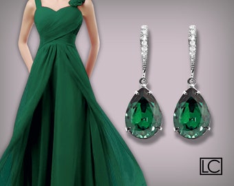 Emerald Crystal Earrings Swarovski Emerald Teardrop Silver Earrings Green Bridesmaid Earrings Wedding Bridal Jewelry Prom Emerald Earrings