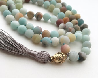 Amazonite Mala, 108 Bead Malas, Hand Knotted Necklace, Buddhist Necklace, Prayer Necklace, Meditation Jewelry, Hand Knotted Mala Buddhist