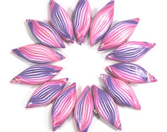 pink and purple stripes leaf shaped Beads, Polymer Clay beads, unique pattern, Set of 14 Marquise beads