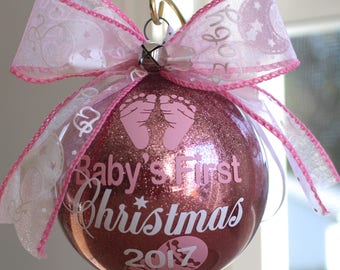 Baby's First Christmas Ornament personalized with any year and baby's name. 4" Acrylic or Glass ornament made with Vinyl decals